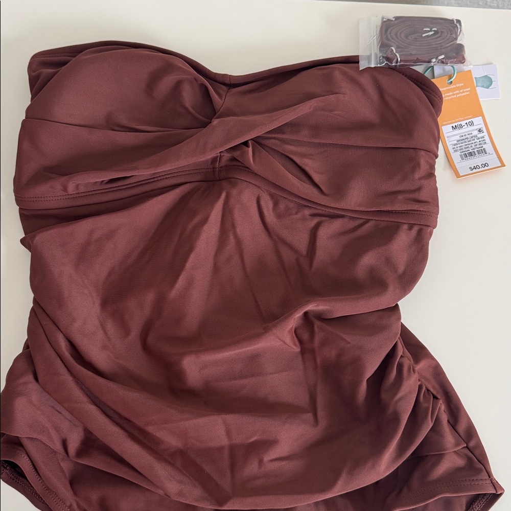 NWT Kona Sol Brown Strapless Ruched One Piece Swimsuit M 8-10 - Picture 4 of 8